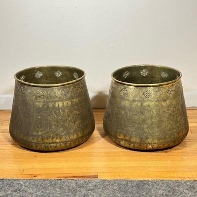 (2pc) Islamic/Persian Jardienere Pots | Islamic/Persian jardienere (gardening) pots with engraved panels of calligraphy and decorative...
