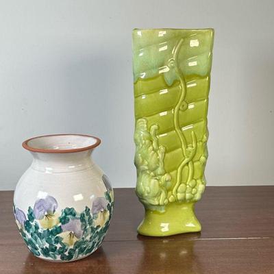 (2pc) Royal Haeger Vase & Other Vase | Vintage (1950s) American (likely Royal Haeger) green ceramic vase with vine-like details...