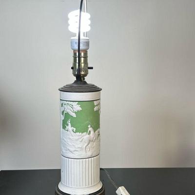 Porcelain Lamp Base with Relief | Vintage porcelain lamp base with green relief design, inspired/after Wedgwood Jasperware. - h. 18 x w....