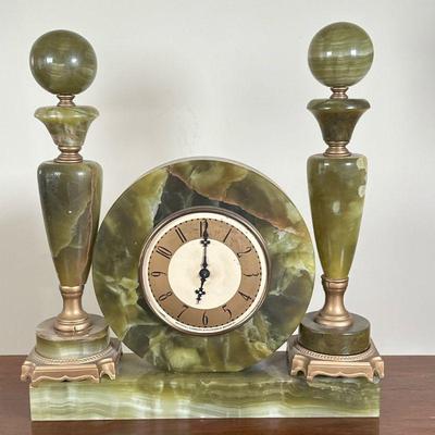 (3pc) Whitehall Hammond Green Onyx Mantle Clock | Vintage (1930s) Whitehall Hammond (Chicago, Illinois) three-piece green onyx mantle...