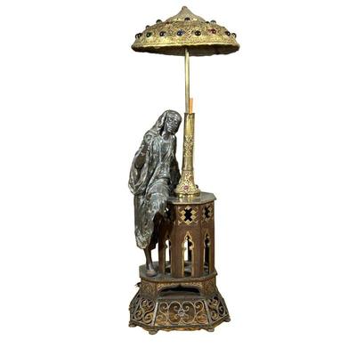 French Orientalist Floor Lamp | Antique (1800s) French (Orientalist) spelter (zinc-based) floor lamp featuring a female figure leaning...