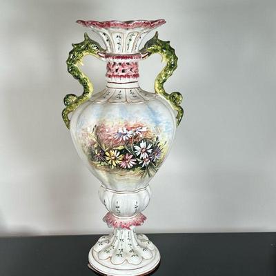 Italian Renaissance Dragon Handle Urn | Italian Renaissance style hand-painted ceramic urn with double dragon handles. - h. 23.5 x w. 11...