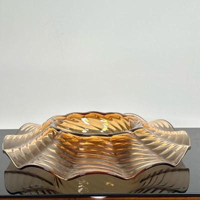 Amber Glass Centerpiece Bowl | Vintage heavyweight amber glass centerpiece bowl with ruffled design. - h. 1.5 x dia. 15 in

