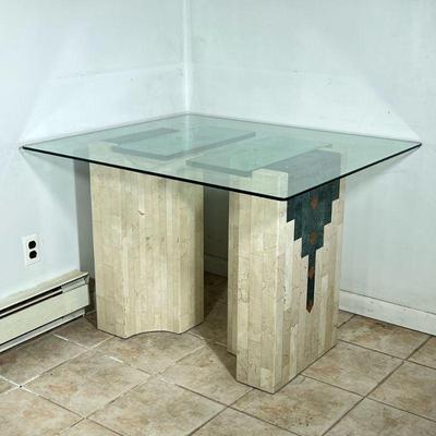 Italian Travertine & Glass Table - Large | Italian table featuring a travertine/marble blocked pedestal base, rectangular glass top,...