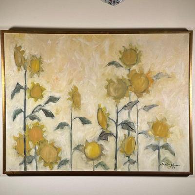 Randolph Johnson (American, 1939-) Oil Painting | Abstract painting of sunflowers. Oil on Canvas. Framed. Signed by artist (lower right)...