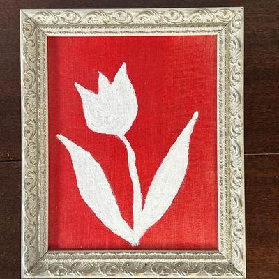 Unknown Artist, Original Painting - Tulip | Abstract painting of a white tulip against a red backdrop. Oil on canvas. Framed. Signed by...