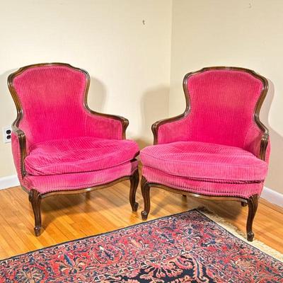 (2pc) French (Louis XV) Bergere Armchairs | Vintage French (Louis XV) style W&J Sloane Inc. (New York City) bergere (upholstered)...