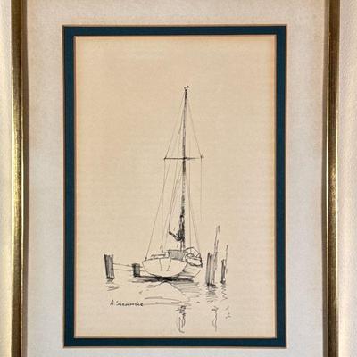 Anthony Shemroske (American, 1921-2004) Sketch | Scenic sketch of a sailboat tied to its mooring. Pen and Ink/Sketch. Framed and matted....