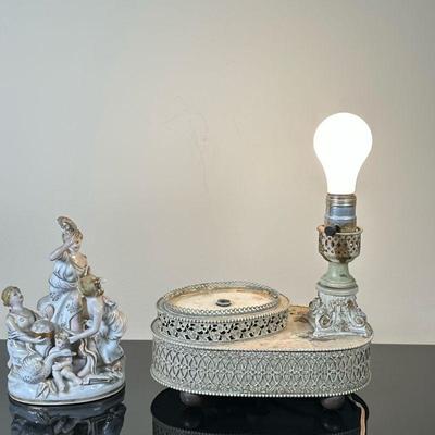 (2pc) Unknown Artist, Lamp & Figurine | Antique lamp with base for porcelain figurine to sit atop.

