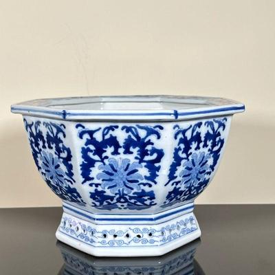 Chinese Hexagonal Cachepot | Vintage Chinese, hexagonal, blue and white porcelain cachepot with drainage holes along base. No...