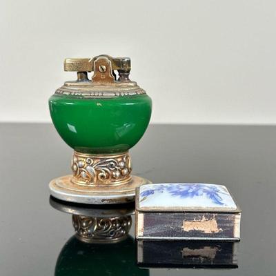 (2pc) Ronson "Leona" Table Lighter & Matchbox | Vintage English Ronson "Leona" table lighter in green and brass....