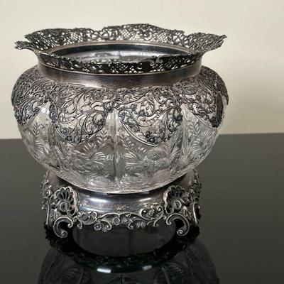 English Sterling Silver & Crystal Bowl | Antique (1911) English (Stourbridge, England) Edwardian (King Edward VII) style "rock...
