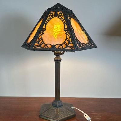 Slag Glass Art Nouveau Table Lamp | Vintage (1900s-1920s) slag glass and Art Nouveau style iron metalwork lampshade on brass base. - h....