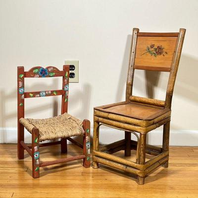 (2pc) Children's Wooden Chairs | Vintage (1950s) Mexican folk art children's chair with painted blue floral design and a caned...
