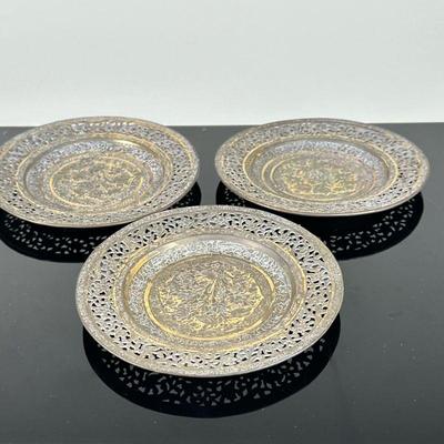 (3pc) Islamic/Persian "Ghalam Zani" Plates | Islamic/Persian decorative plates with pierced metalwork, an engraving technique...