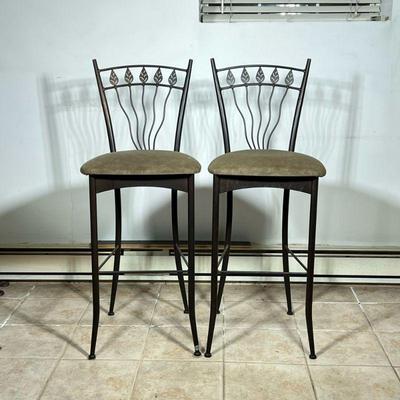 (2pc) Leaf-Back Counter Stools | Amisco Romy leaf-back design counter stools with green velour upholstered seat.- Seat is 31H - h. 45 x...