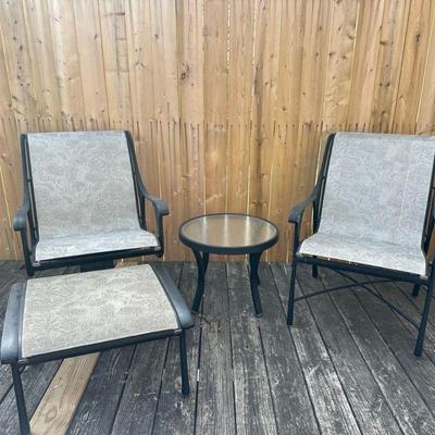 (4pc) Outdoor Seating Set | Outdoor/patio furniture including one swivel chair, one non-swivel chair, one ottoman and one round side...