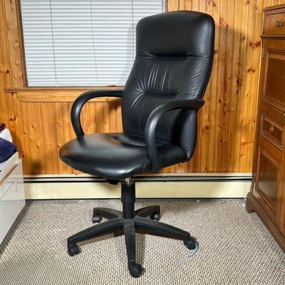 Black Faux Leather Desk Chair - HON Co. | The HON Co. (Muscatine, Iowa) black faux leather office/desk chair on wheels. - h. 47 x w. 25 x...