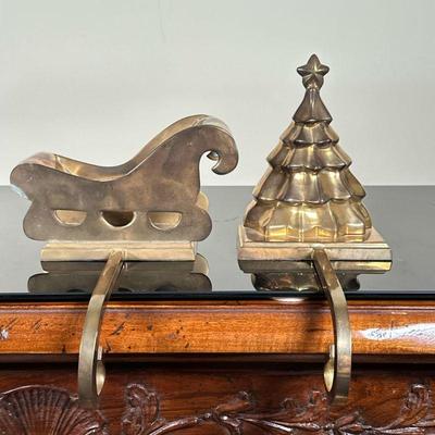 (2pc) Solid Brass Stocking Holders | Vintage solid brass stocking holders for fireplace mantle in the shape of a Christmas tree and a...