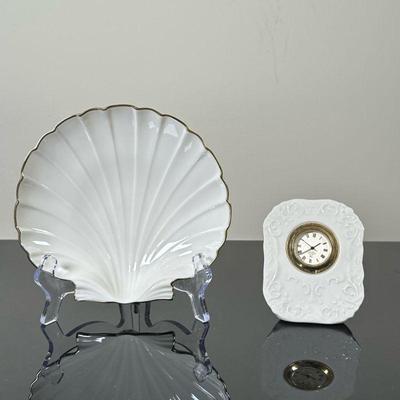 (2pc) Lenox Clock & Lenox Shell Dish | Vintage Lenox dish from the "Aegean Shell Collection" made from ivory porcelain and...