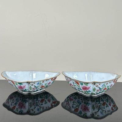 Chinese (Qing Dynasty) Porcelain Bowls | Antique (1820-1850) Chinese (Qing Dynasty) painted porcelain bowls with floral details. - h. 2.5...