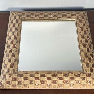 Wood Mosaic Wall Mirror | Wood mosaic patterned square-shaped wall mirror. - h. 16 x w. 16 in

