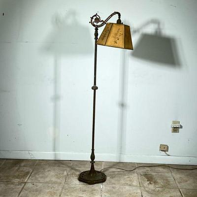 Bridge Arm Floor Lamp | Vintage brass bridge arm floor lamp with paper lampshade. Marked "Salem" on underside. Incredibly...