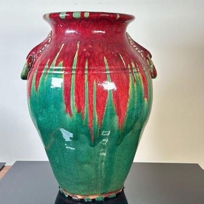 Large Ceramic Floor Vase | Three Hands Corp. (Los Angeles, California) "Art Nouveau" style large green ceramic vase with red...
