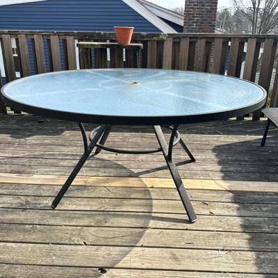 Outdoor Dining Table | Round outdoor/patio dining table with glass top and hole for umbrella/stand. - h. 27 x dia. 60 in

