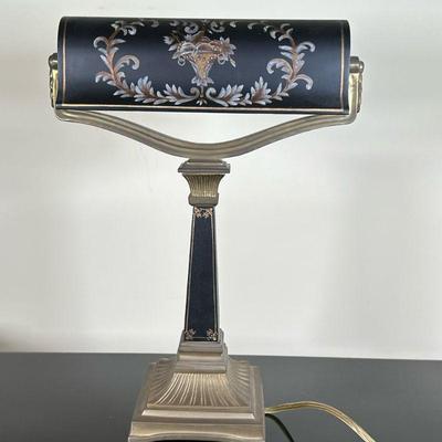 Solid Bronze Desk Lamp | Vintage solid bronze "banker" style desk lamp with painted tole lampshade. - h. 18 x w. 13 x d. 6 in

