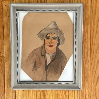 (2pc) Unknown Artist, Original Watercolor Paintings | Watercolor portrait paintings of mid-century man wearing hat and trenchcoat; as...