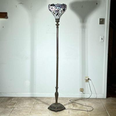 Tiffany-Style Stained Glass Lampshade/Floor Lamp | Tiffany-style floor lamp with stained glass lampshade featuring floral motifs, on an...