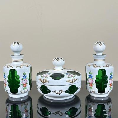 (3pc) Uranium Glass Dresser/Vanity Trinkets | Vintage porcelain and green uranium glass dresser/vanity jars and trinket box.

