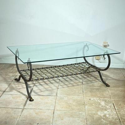 Latticework Coffee Table | Vintage (1970s/1980s) coffee table with wrought iron base, latticework shelf, and rectangular glass top. - h....