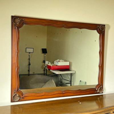 Mahogany Mirror with Seashells | Vintage mahogany rectangular mirror with gold gilded seashell details in each corner. - h. 49 x w. 37 in

