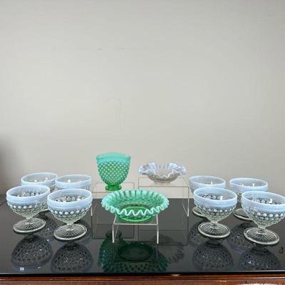(11pc) Fenton Uranium Glass & Depression Glass | Vintage (1930s) Fenton green uranium glass bowl with ruffled edge and hobnail...