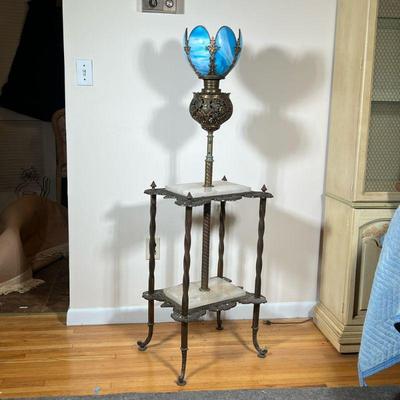 Victorian Kerosene Floor Lamp | Antique (1880s) Victorian style kerosene floor lamp featuring brass, iron and marble details, as well as...