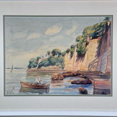 Unknown Artist, Original Watercolor Painting - Puerto Rico | Scenic painting of a harbor in Puerto Rico. Watercolor on canvas. Framed....