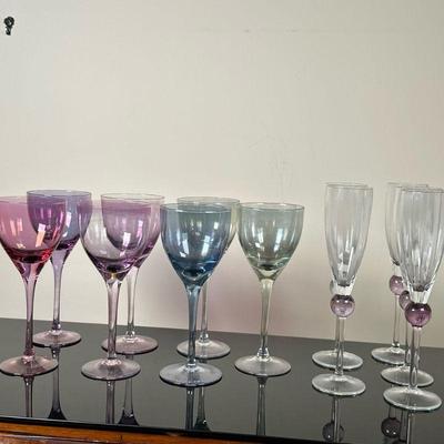 (12pc) Colored Cordial & Champagne Glasses | Vintage (1950s) cordial glasses in various colors (pink, purple, blue, green). Champagne...