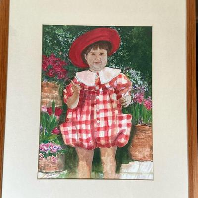 Unknown Artist, Original Oil Painting - Gingham Girl | Portrait painting of a young girl child wearing red and white gingham dress and...