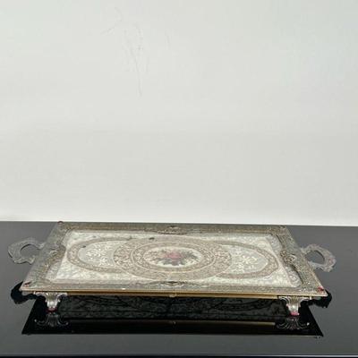 Silver & Lace Dresser/Vanity Tray | Antique silver and lace dresser/vanity perfume tray with a petit point rose design and jewel...