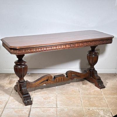 Walnut Pull-Out Table | Vintage (1930s) English (William & Mary/Jacobean) style carved walnut pull-out table on pedestal legs....