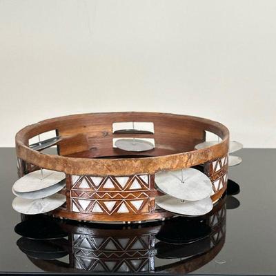 Islamic/Middle Eastern Tambourine | Islamic/Middle Eastern wooden tambourine with mother-of-pearl geometric design inlay. - h. 2.5 x dia....