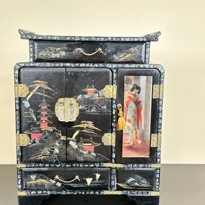 Japanese Musical Jewelry Box | Vintage Japanese black lacquer-painted wind-up musical jewelry box with several drawers and inlaid...