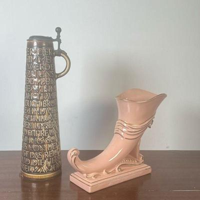 (2pc) Reinhold Merkelbach Stein & Cornucopia Vase | Vintage (1950s) German (Hohr-Grenzhausen) Reinhold Merkelbach (1918-2006) ceramic...