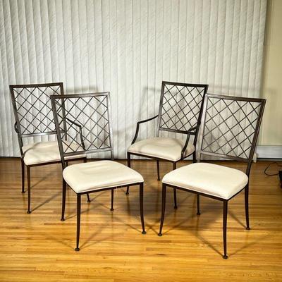 (4pc) Latticework Metal Chairs | Latticework seat back metal chairs with cushioned seats, including two armchairs and two side chairs.

