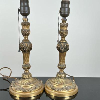 (2pc) Brass Candlestick Table Lamps | Ornate brass candlestick-style table lamps with pull tabs to turn on light. - h. 14.25 x w. 5 in

