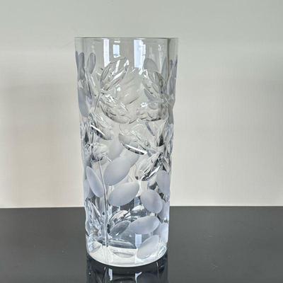 Heavyweight Cut Crystal Vase | Heavy crystal vase with cut and etched design resembling leaves on a stem. - h. 12 x w. 5.5 in

