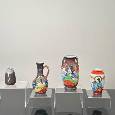 (4pc) Japanese (Satsuma) Pottery | Vintage Japanese (Satsuma) style vase depicting the "Immortals." Marked "Made in...
