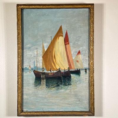 After F. Noretti (Italian, 1833-1917) Oil Painting | After F. Noretti scenic painting of sailboats in Venice Harbor, 1905. Oil on canvas....